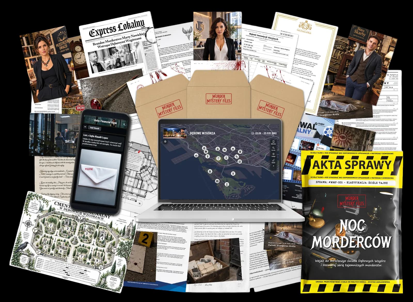 The case file, chapter envelopes, a phone with the app and a laptop showing the map of Oakwood Hills