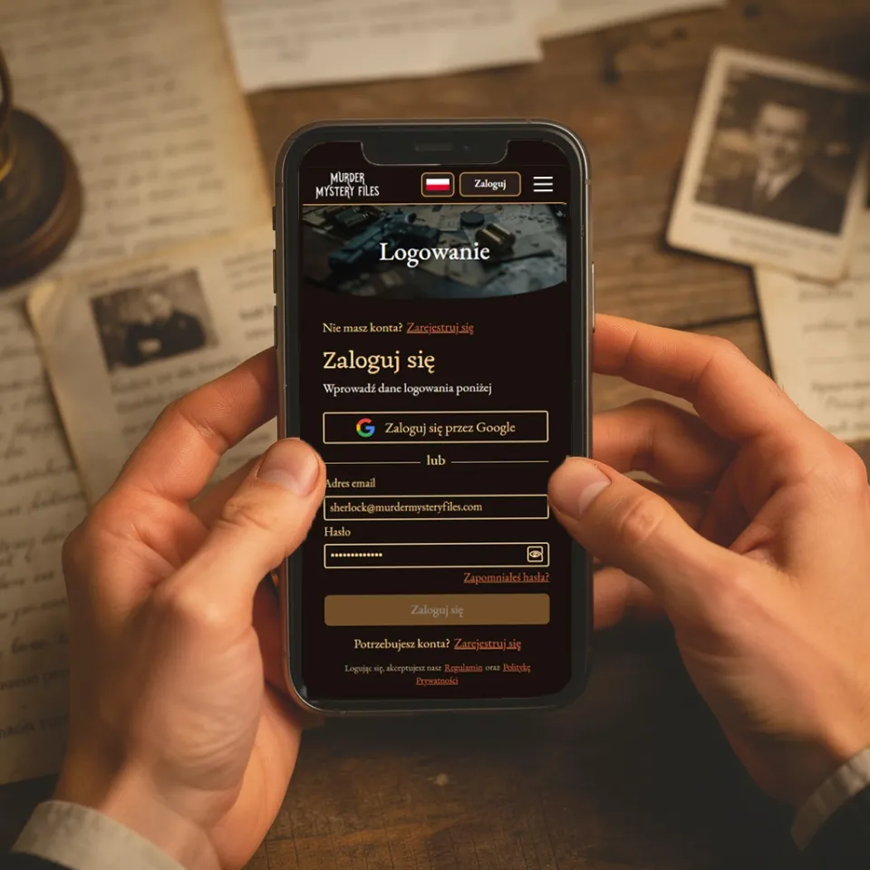 A phone showing the Murder Mystery Files app sign-in screen