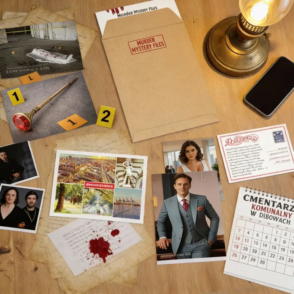 A table with an envelope, suspect photos and evidence markers